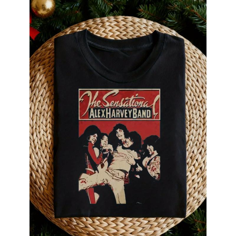 SAHB Stories Men's Vintage Sensational Alex Harvey Band Graphic T-Shirt - Heavyweight 100% Black Retro Rock Tee with Red Band Logo & 1970s Music Art,