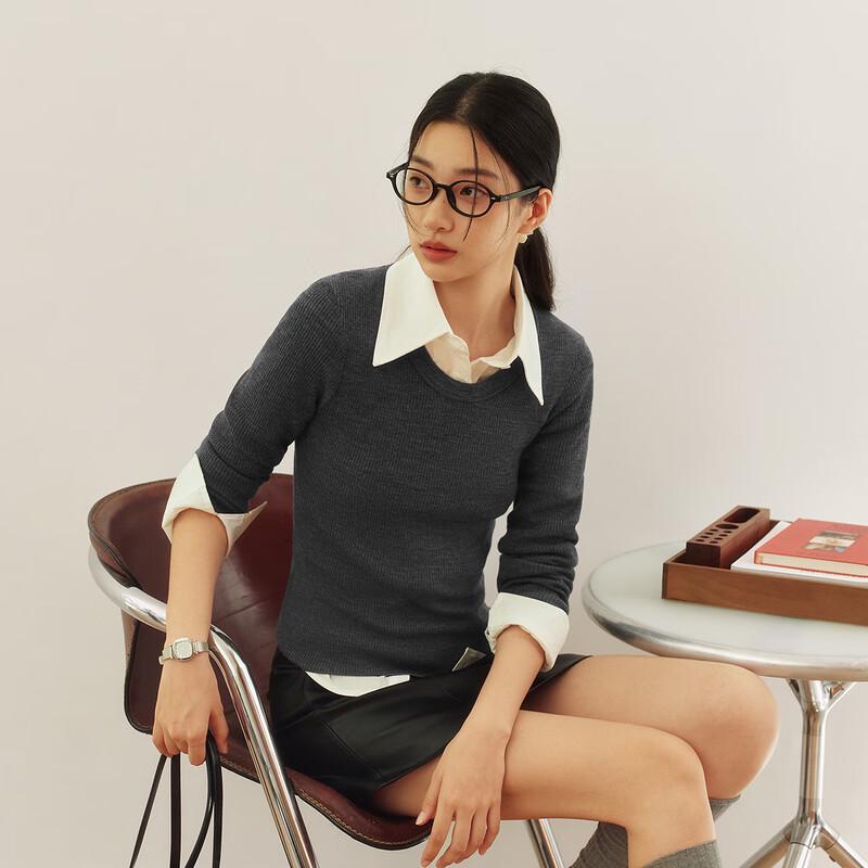 Semir Women's Round Neck 100% Wool Knit Sweater