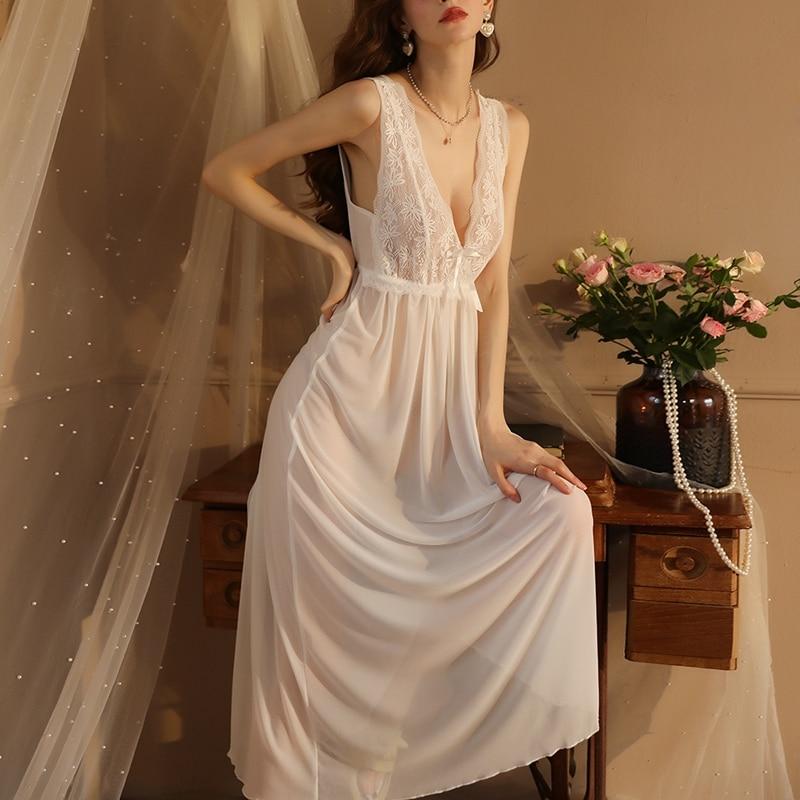 Sexy Nightgown Women Transparent Sleepwear White Ladies Lace Long Gowns Nightdress Sleeveless Wedding Night Dresses Low-cut