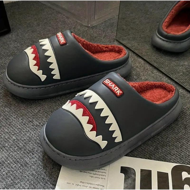 Хлопковые тапочки мужские акула зимние смешные домашние тапочки с толстой подошвой теплые нескользящие студенческие общежитие хлопковые шлепанцы мужские
