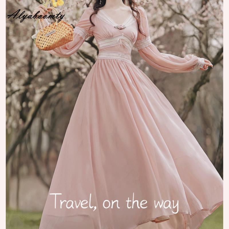 Весенне-осеннее женское сказочное розовое платье миди с v-образным вырезом, кружевное лоскутное платье с бантом и цветочным принтом, элегантное женское шифоновое платье трапециевидной формы