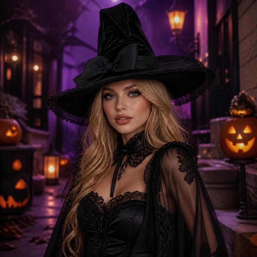 Lace Trim Wizard Hat Bandage Bow Lolita Bucket Hat New Witch Pointed Hat Halloween Party