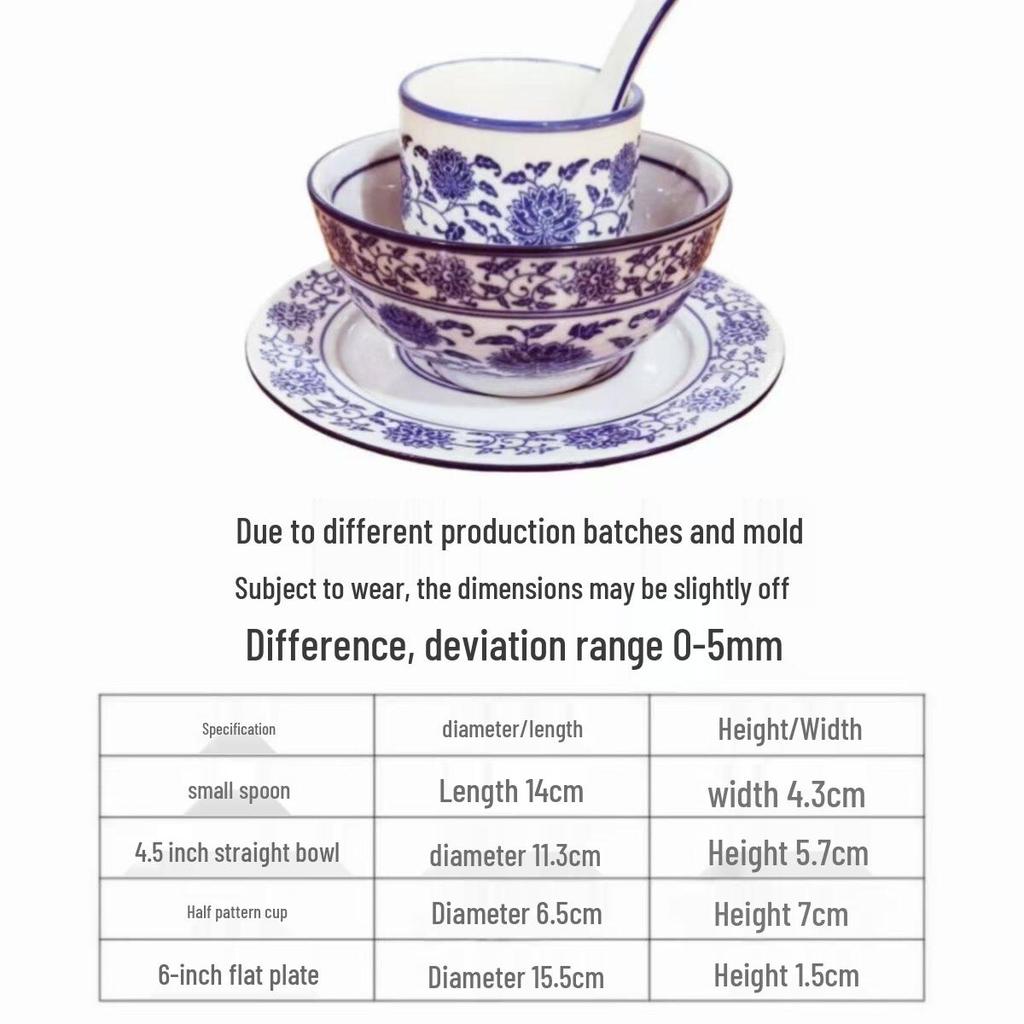 Ретро сине-белый фарфоровый набор посуды: Чайная чашка, Миска для риса, Тарелка, Суповая ложка