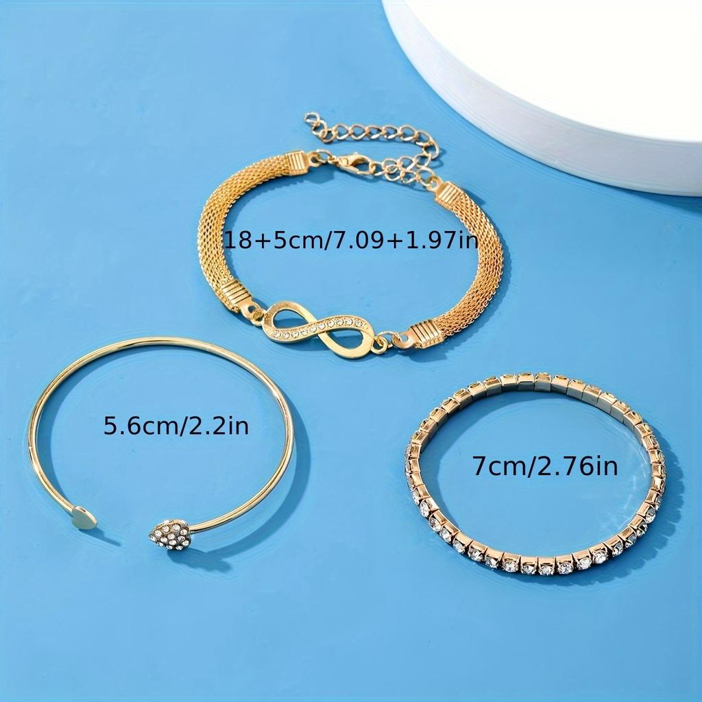 3 Pcs Ladies' Bracelet Set Stylish and Elegant Rhinestone Infinity Symbol Tennis Chain Clasp Bracelet Set An Ideal Gift for Your Best Friend