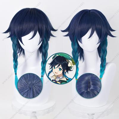 Игровой косплей-парик Венти 42 см длиной, синий градиент, косы, термостойкое синтетическое волокно