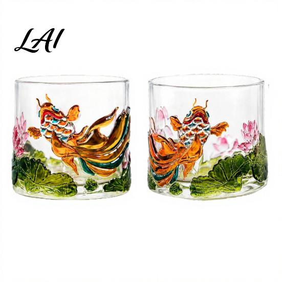 National Trend Aesthetic Glass Spinning Whiskey Glass Fish Lotus Relief Faux Crystal Rotating Tumbler for Liquor Gift Men Women Lead Free Glassware