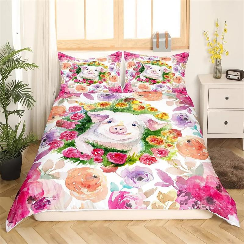 Premium Pink Pig Comforter Cover Cartoon Pig Pattern Bedding Kawaii Animal Sweetheart Floral Print Duvet Cover Children Boys Room Decor