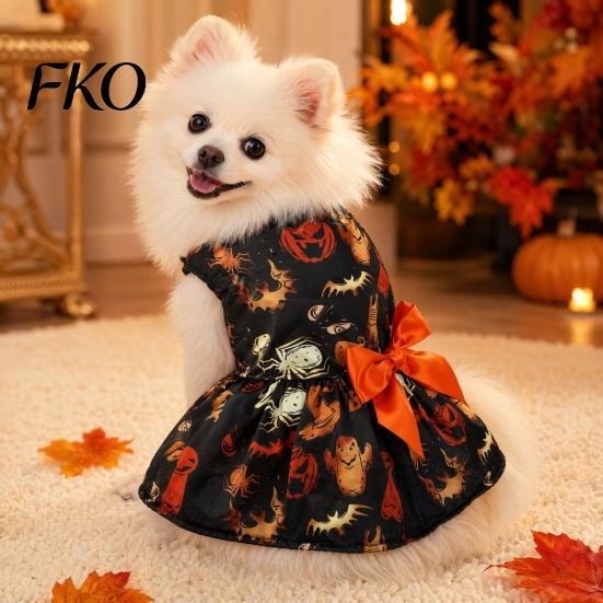 Pumpkin Ghost Spider Bat Costume Funny Halloween Dog Dress, Print Pet Breathable Vest Dress Apparel, Puppy Skirt with Bow for Small Dogs, Cats