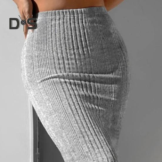 Women Fall Winter Skirt High Waist Knitted Elastic Thick Warm Ankle Length Striped Slim Fit Soft Sheath Lady Maxi Skirt