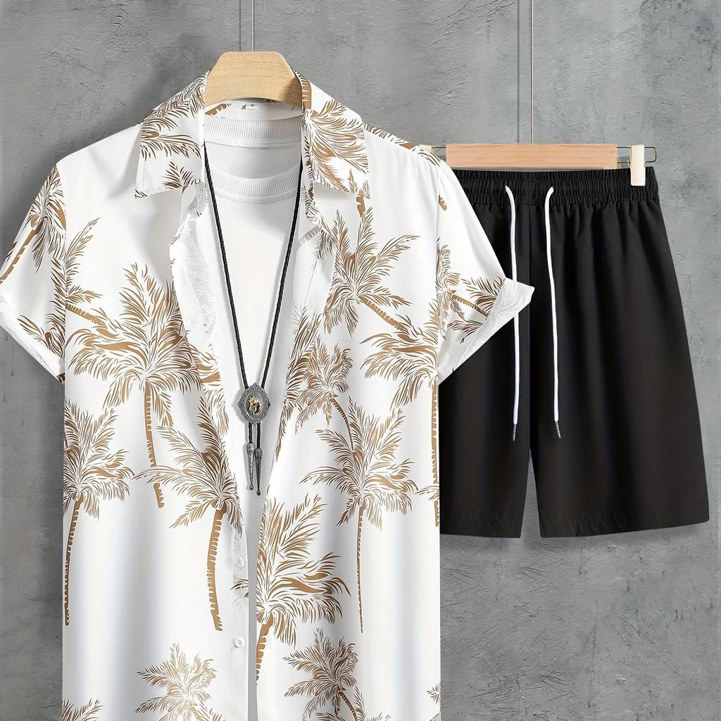 Coconut Tree Print Men's Short-sleeved Shirt And Beach Shorts Set Summer Everyday Men's Casual Shirt And Beach Pants