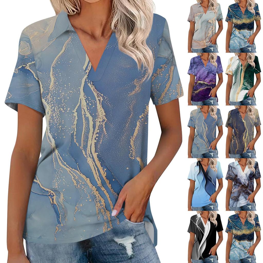 Women's Fashion Short Sleeve T-Shirt Summer V-Neck Lapel Casual Basic Gradient Printed Top