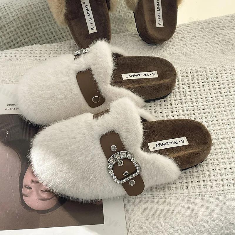 Fashion New 2024 Winter Warm Plush Slippers for Women Closed Toe Faux Fur Cotton Shoes Woman Fashion Buckle Lightweight Flat Mules Shoes