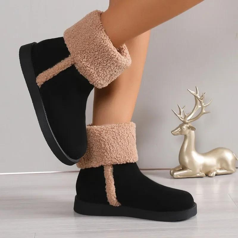 2024 Новые модные зимние ботинки с круглым носком, легкие и универсальные, на плоской подошве, однотонные женские ботинки, удобные в носке