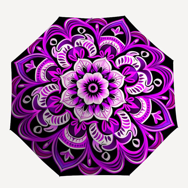1pc Purple Mandala Pattern Automatic Folding Umbrella. Portable collapsible design, Best birthday festival gift yy250924173