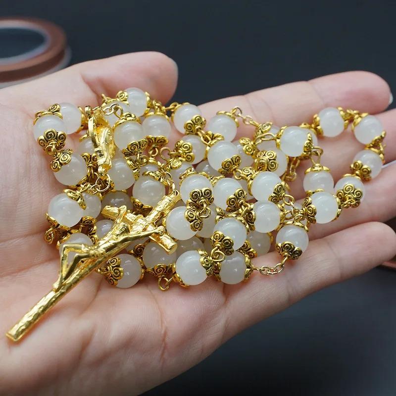 Natural White Jade Marrow Rose Rosary Beads Bracelet Cross Pendant Catholic Jewelry Commemorative Day Festival Exquisite Gift