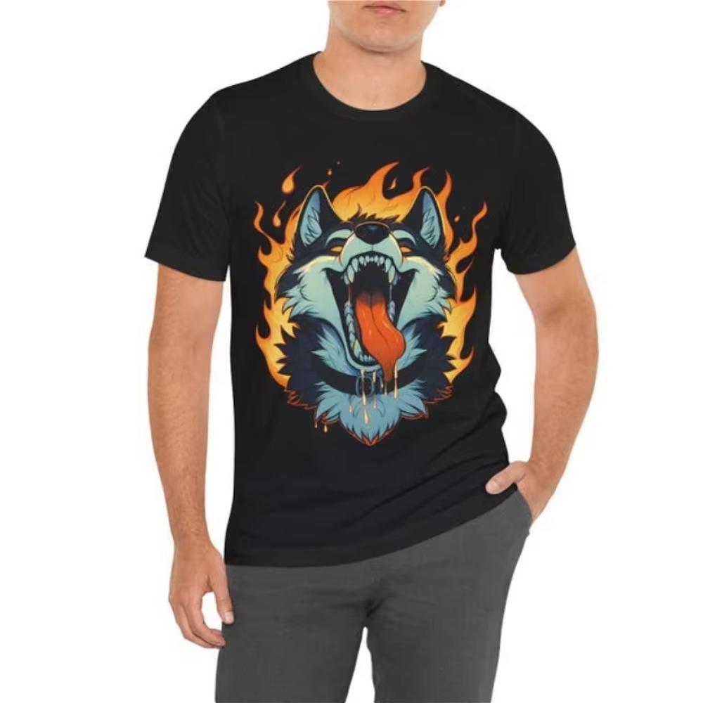 2026 Summer Unisexs Wolf Print Round Neck Tshirt Made Of 100 Pure Cotton Soft And Breathable Outdoor Casual Short Sleeved Shirt