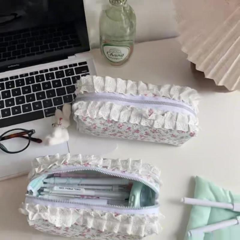 High Quality Lace Floral Pattern Pen Bag Zipper Design Large Capacity Pencil Case Stationery Organizer School Office