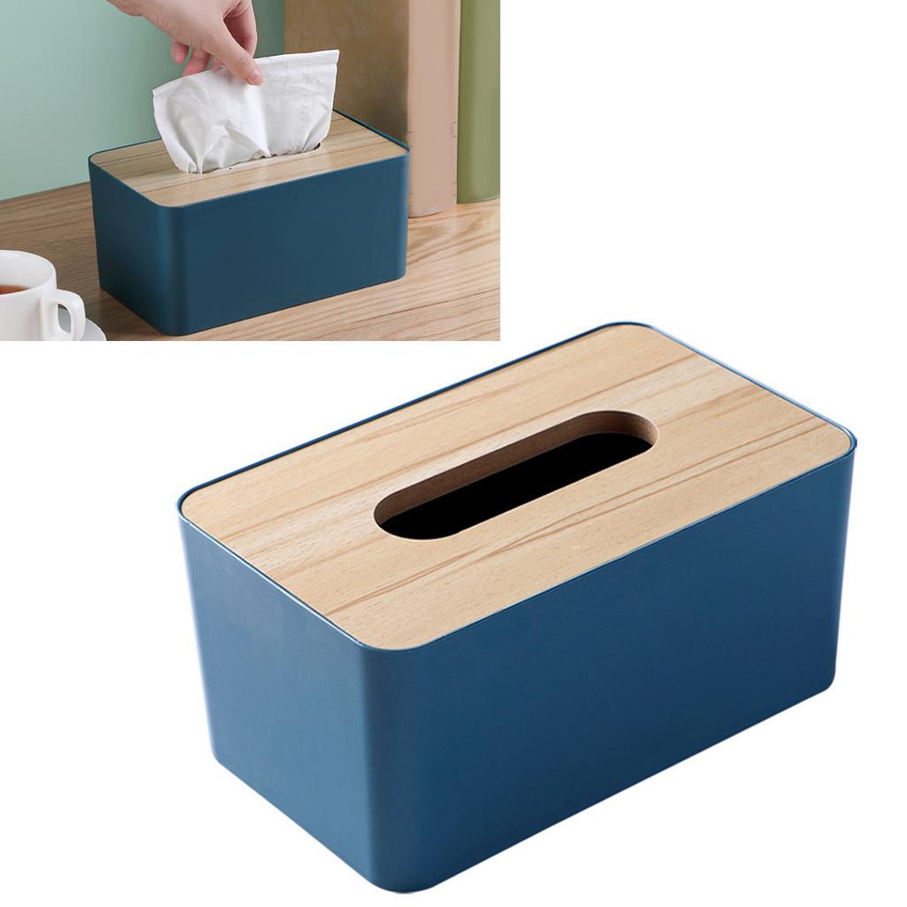 Desktop Tissue Box Rectangular Plastic Tissue Organizer Box Cover with Wooden Lid for Home Blue