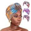 New African Print Pleated Turban Floral Beanie Pre Tied Front Knot Elastic Head Wrap Elegant Women Chemo Cap Bandana Headwear