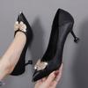Women Classic Elegant Black Soft Pu Leather Slip On Stiletto Heel Shoes Lady Casual Comfort Summer Pumps Ga26