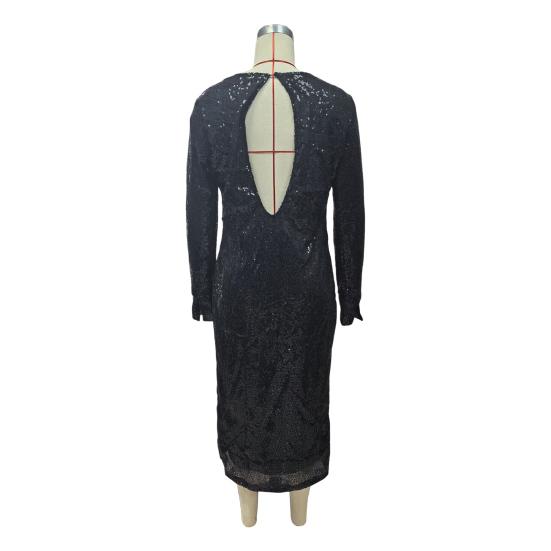 Женское весеннее платье с блестками и круглым вырезом, с длинным рукавом, свободное платье миди с открытой спиной, женское осеннее платье для выпускного вечера, вечеринки, свидания