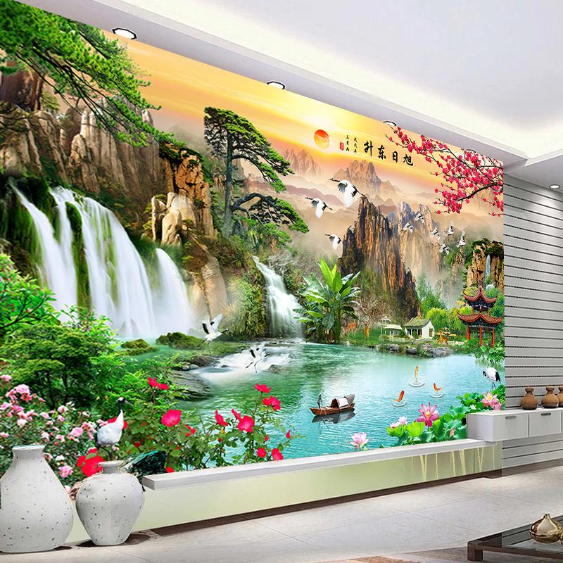 3D Mural Wallpaper Chinese Waterfall Sunrise Beautiful Scenery Photo Wall Painting Living Room Study Tourist Scenic Spot Background Wall Decor Fresco