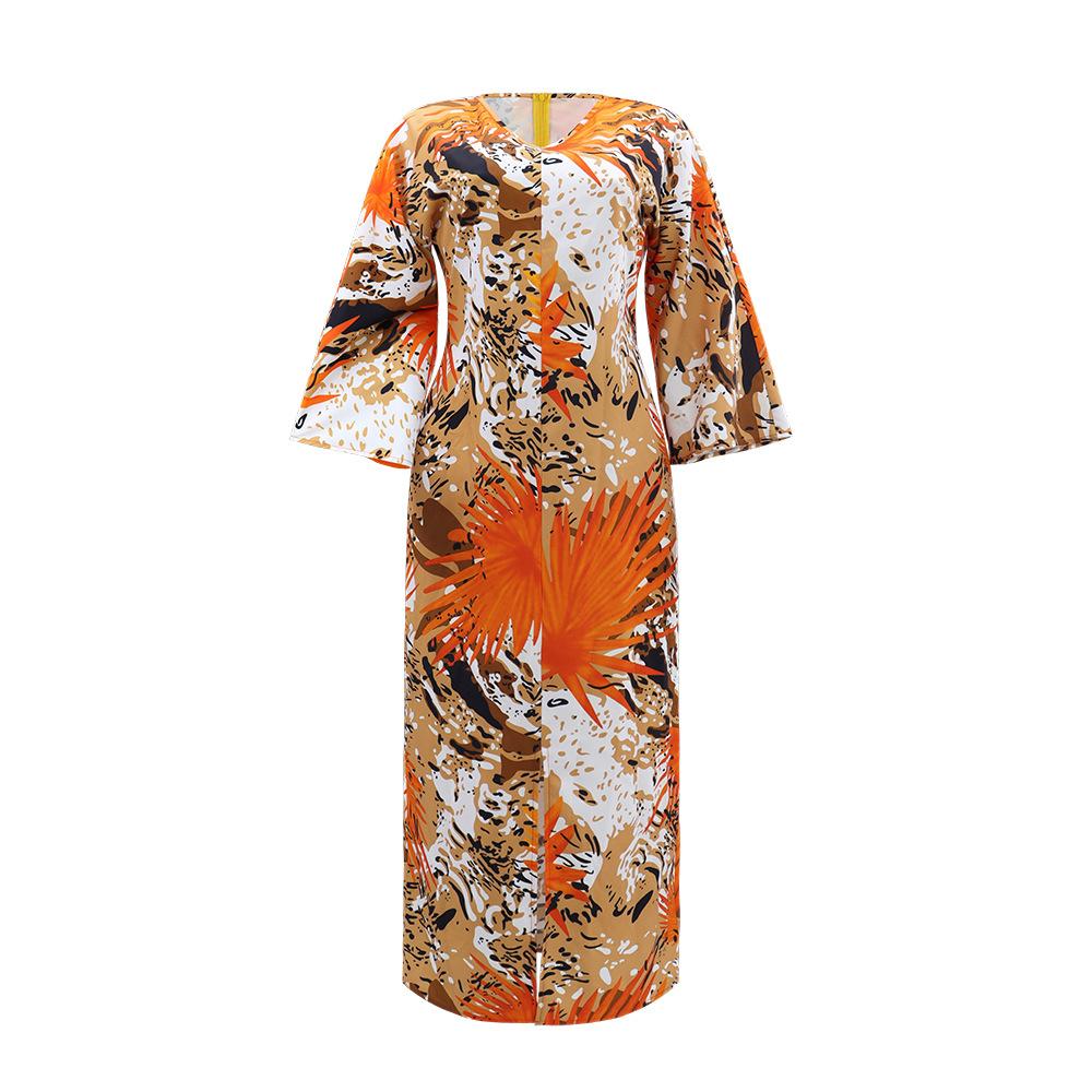 Women's Fashion Printed Dress Temperament Commuter Style V-Neck Long Sleeve Split Comfortable Dress Long Dress