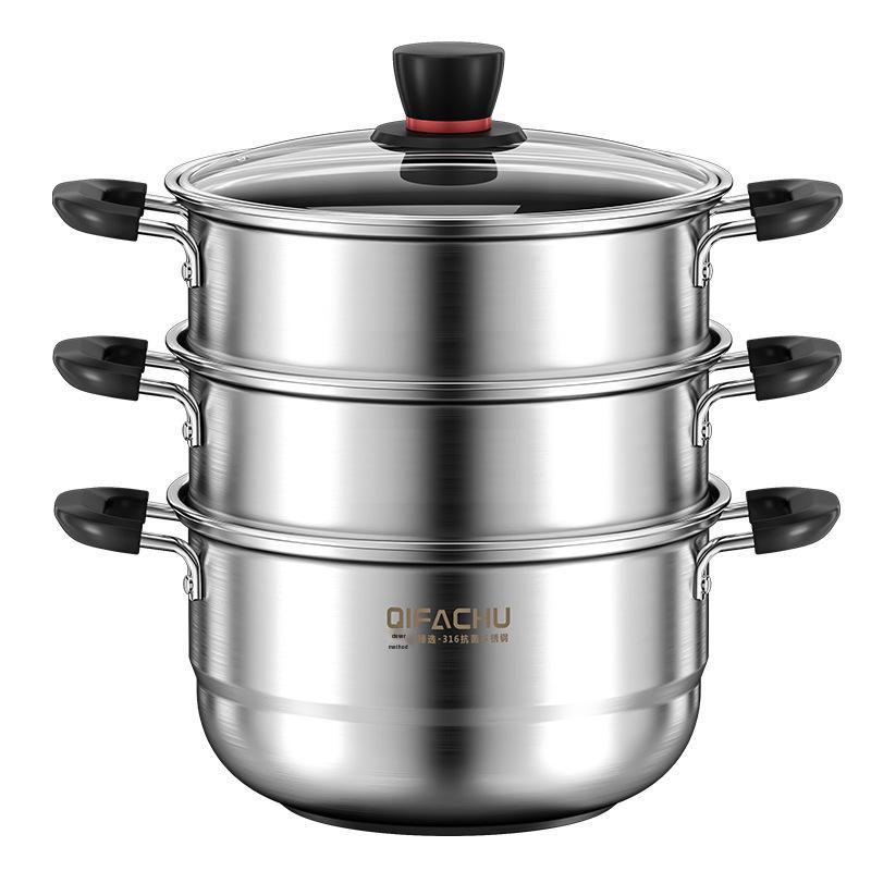 Qiaofangchu 304 Stainless Steel Steamer Pot: Thickened for Cooking Noodles, Soup, and Milk On Induction and Gas Stoves.