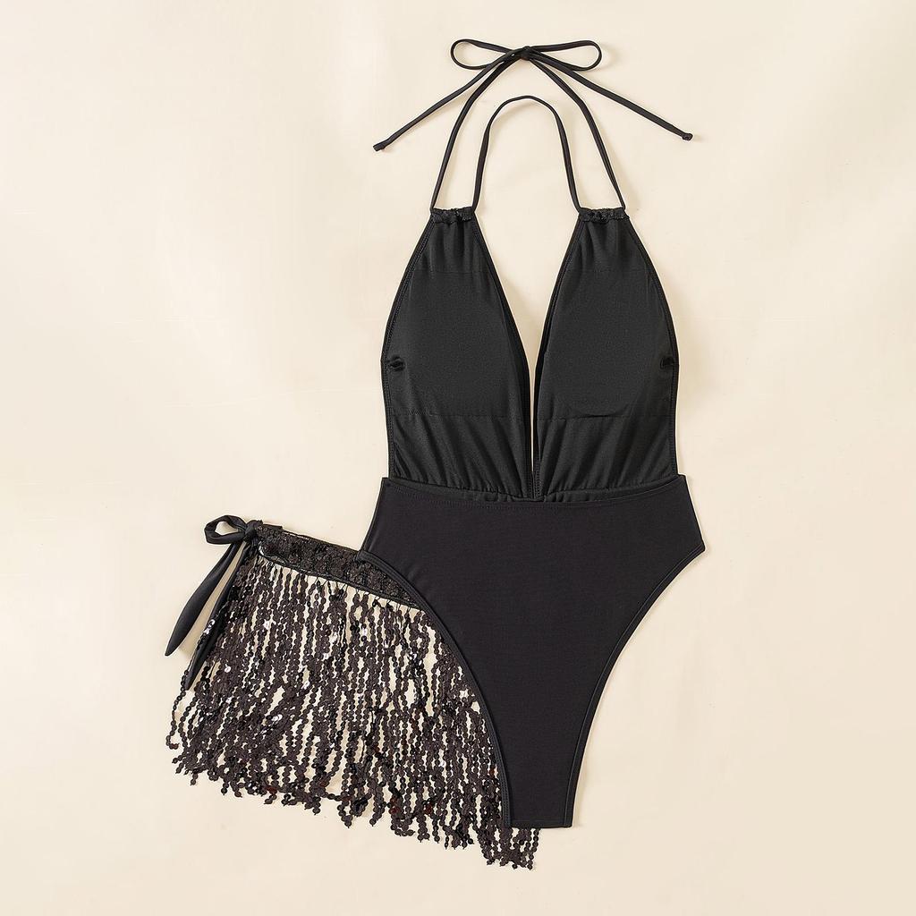 Женские сексуальные эластичные бикини с глубоким V-образным вырезом, летние обтягивающие цельные купальники с открытой спиной и бретелькой через шею