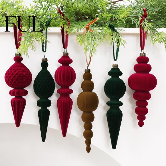 Vintage Holiday Hanging Decorations 9Pcs Christmas Flocked Pendant with Lanyard, Ribbed Texture Tree Unique Garland Ornaments Hanging, Retro