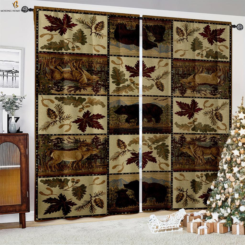 Декоративные занавески в стиле ретро-кантри на Рождество с узором из дерева для спальни, столовой, праздничной вечеринки, 2 шт.