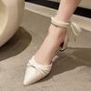 Baotou Sandals Women's Medium Heel 2025 New Pearl Bow Thick Heel Pointed Head Evening High Heel Single Shoes