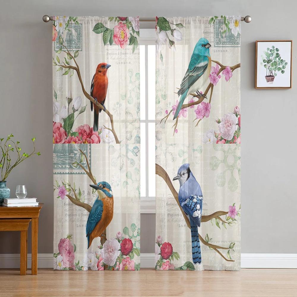 Vintage Flowers And Birds Tulle Drapes ideal ideal for Living Room Bedroom Decoration Transparent Chiffon Translucent Voile Window Curtain