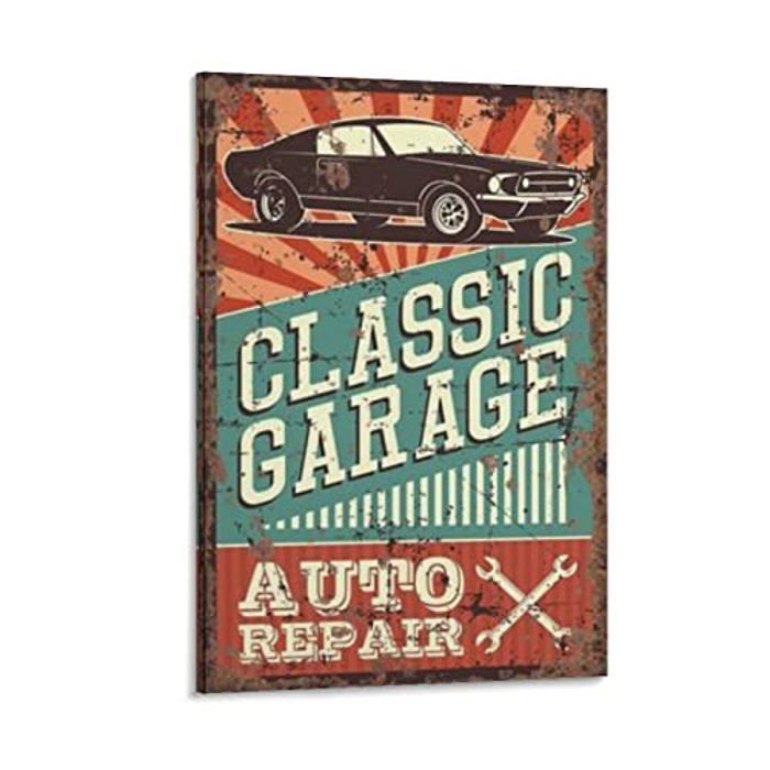 Poster Vintage - Garage - Réparation de Voitures - Métal - Rectangulaire - Décoration Murale