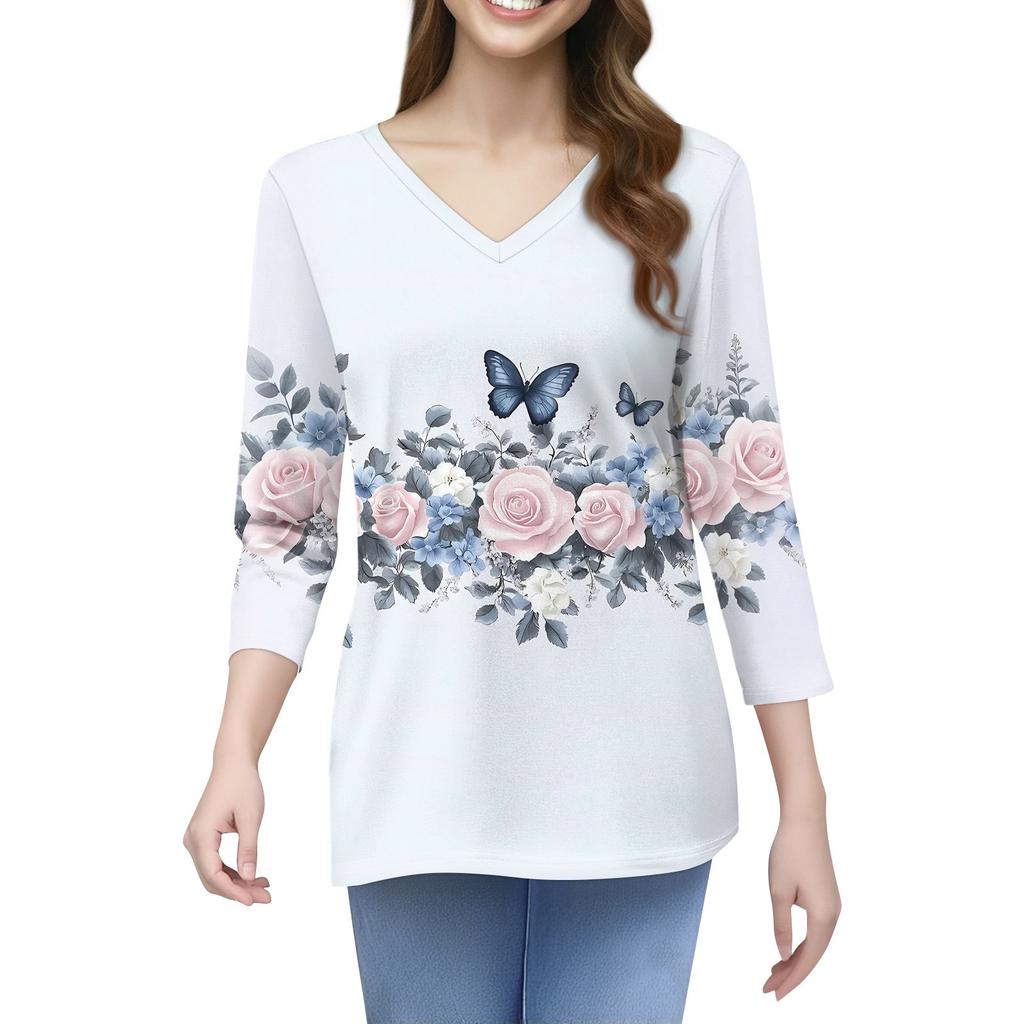 Женская футболка с принтом, рукав 3/4, повседневная мода на выходные, базовый топ с V-образным вырезом