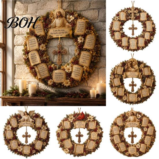 Spiritual Home Ornaments Christian Bible Verse Christmas Wreath, Pine Cones Decor, Religious Faith Hope Love Decor Scripture Wreath for Front