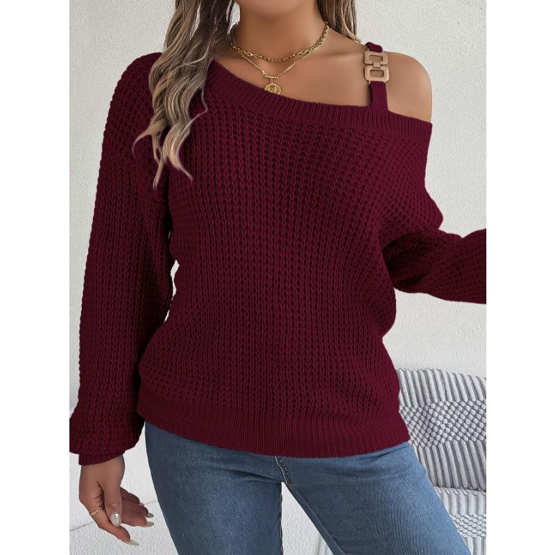 Autumn Winter Casual Metal Buckle Splicing Off-the-shoulder Pullover Sweater Fashion Elegant Lantern Long Sleeve Casual Simple Women Sweater Clothing
