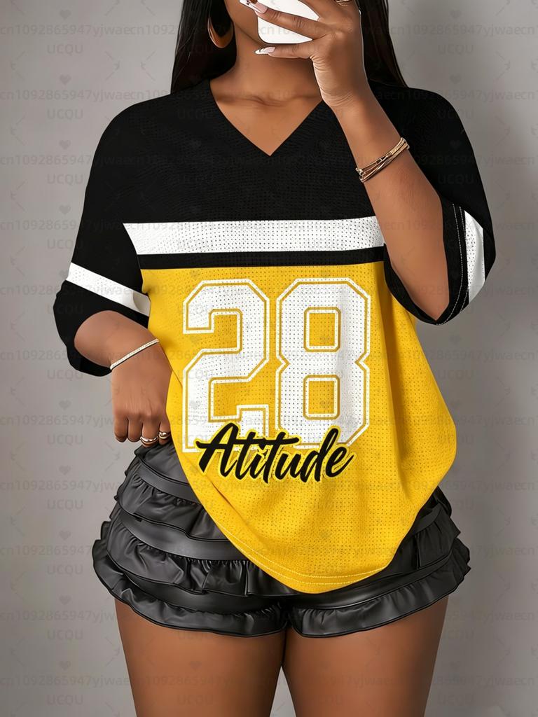 Женская футболка с принтом Attitude №28, V-образный вырез, короткий рукав, летняя футболка с графикой, сетчатые майки с дырками, больших размеров, спортивная футболка