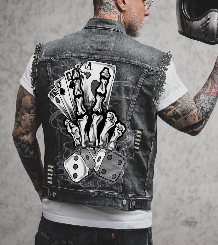 2501 * Мужской джинсовый жилет без рукавов с принтом игральных карт и отверстиями