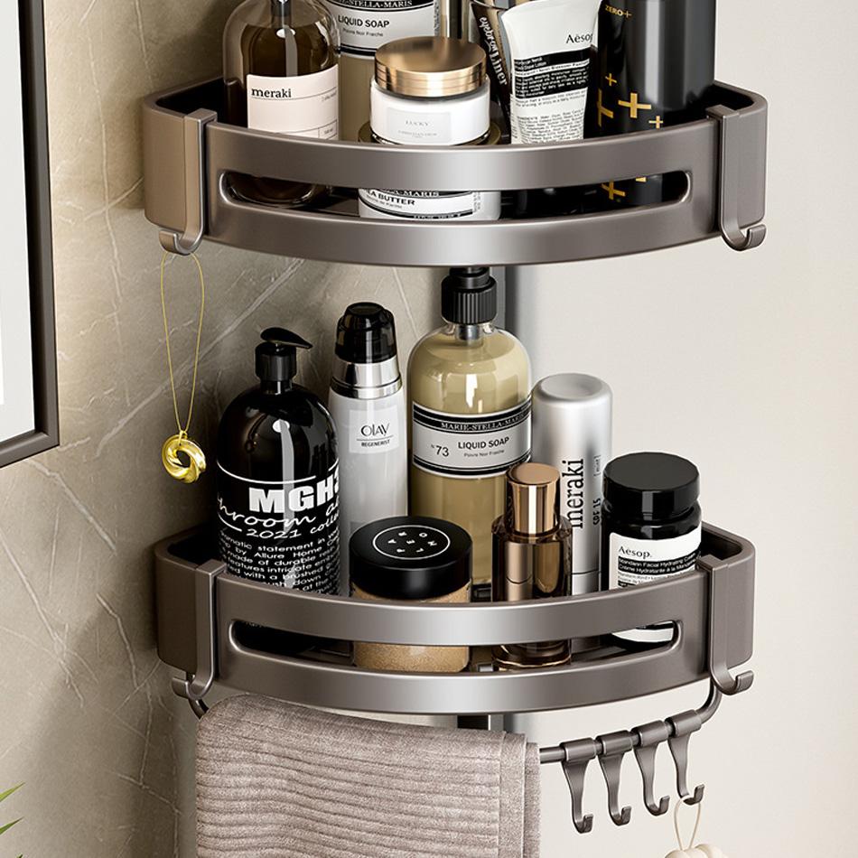 Прямоугольная полка для ванной комнаты, алюминиевая, серая, для туалета, кухни, для ванной, для хранения шампуня, мыла, треугольная полка с крючками, бесплатный гвоздь