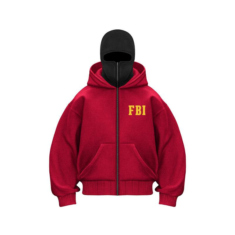 Mens Hooded Sweatshirt FBI Loose Jacket Double Hat Autumn Winter Sporty Hooded Sweatshirt Long-Sleeve Hoodies