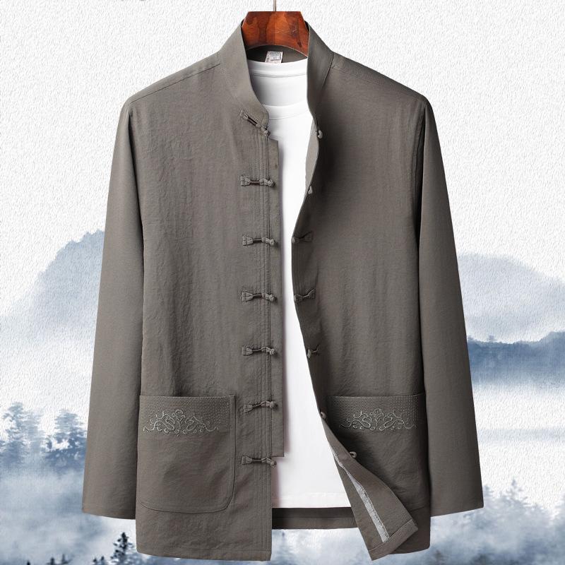 Мужской традиционный китайский костюм тан с длинным рукавом для весны/лета - Идеально подходит для пап и дедушек среднего и пожилого возраста, Идеально подходит для тайцзи.