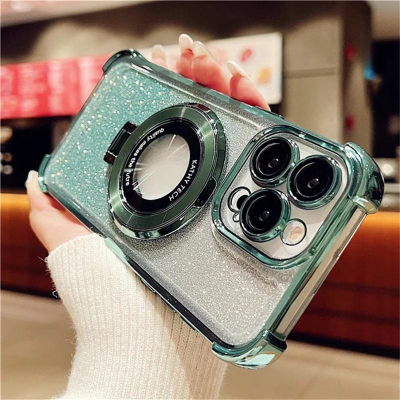 For iPhone 15 Pro Max Luxury Plating Magsafe Magnetic Stand Flash Phone Case For iPhone 11 12 13 14 15 Pro Lens Protective Cover