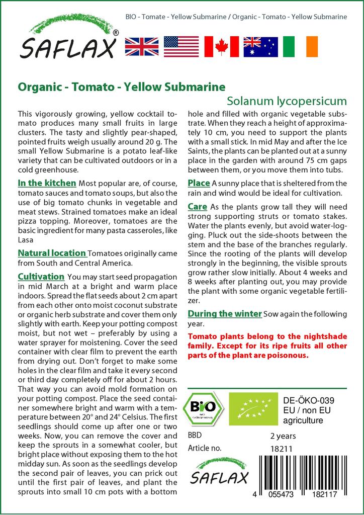 SAFLAX Сад в сумке - Органический - Помидор - Yellow Submarine - 10 семян - С субстратом в подходящем стоячем мешке - Solanum lycopersicum