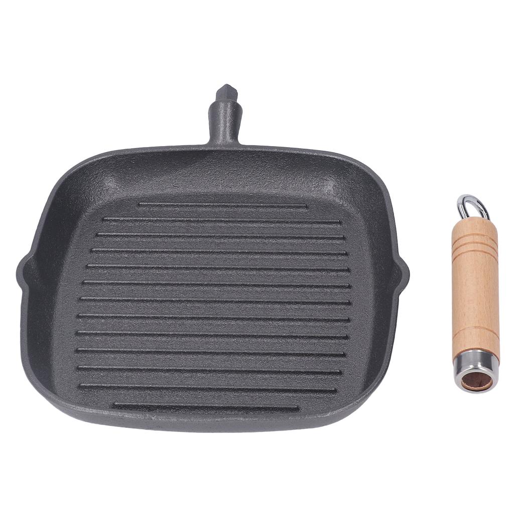 Grill Pan Multipurpose Prevents Stick Quadrate Cast Iron Steak Pan with Wooden Handle for Bacon