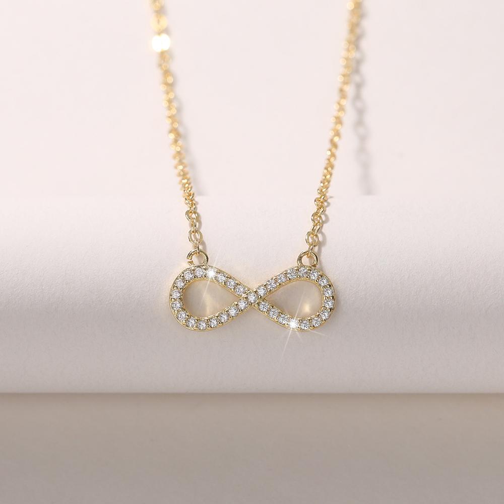 Huitan Simple Infinity Shape Pendant Necklace Women Inlaid Shiny CZ Stone Fancy Figure 8 Clavicle Chain Necklace Wedding Jewelry