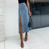 Женская джинсовая юбка с высокой талией, планкой на пуговицах, однотонная юбка миди с неровным разрезом, юбка длиной до середины икры