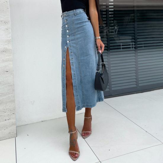 Женская джинсовая юбка с высокой талией, планкой на пуговицах, однотонная юбка миди с неровным разрезом, юбка длиной до середины икры