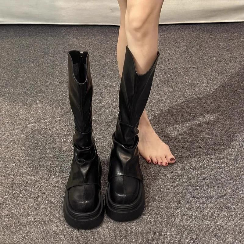 Женские ботинки с толстой подошвой и высоким голенищем, осенне-зимние, коричневые, ботинки-штаны, маленький размер, ботинки в рыцарском стиле, простой стиль