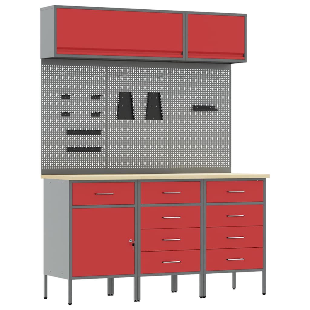 Workbench Cabinet Set with Drawers and Storage 8 Pieces Red